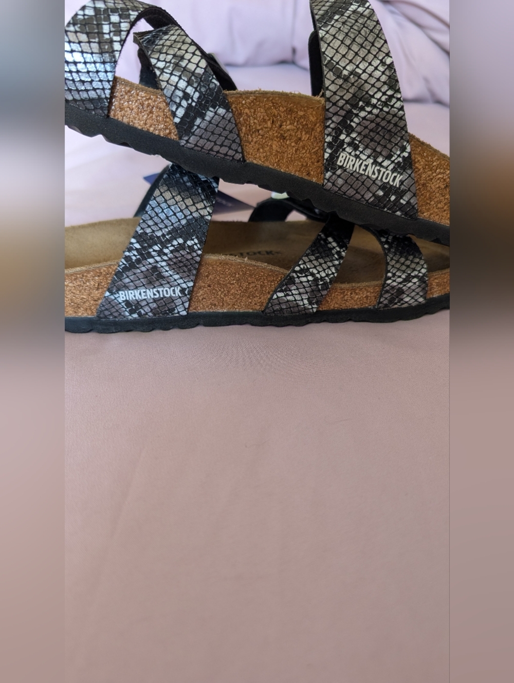 Birkenstock Snake-Print Strappy Sandals in Black and Gray